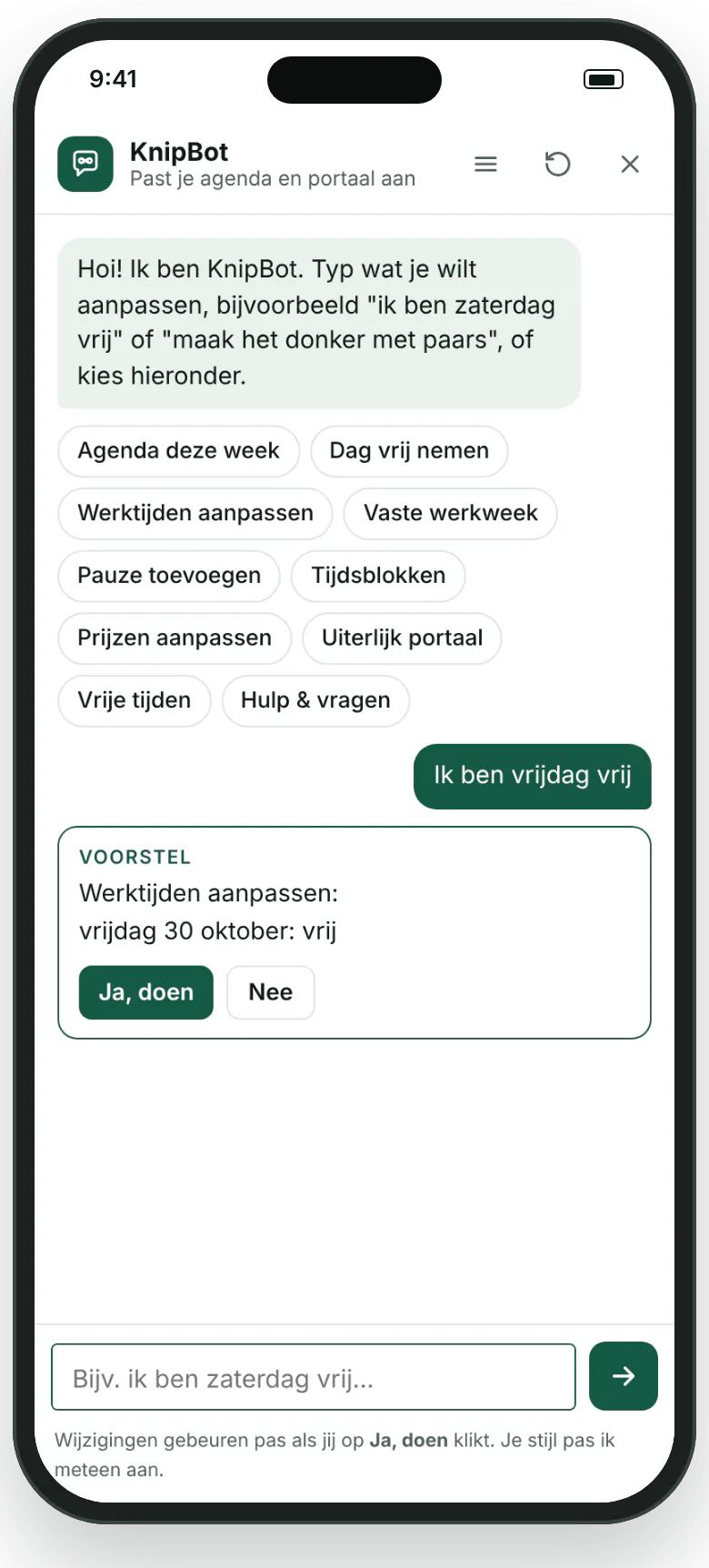 Assistent in het kappersportaal stelt voor om vrijdag vrij te zetten, met de knop Ja, doen