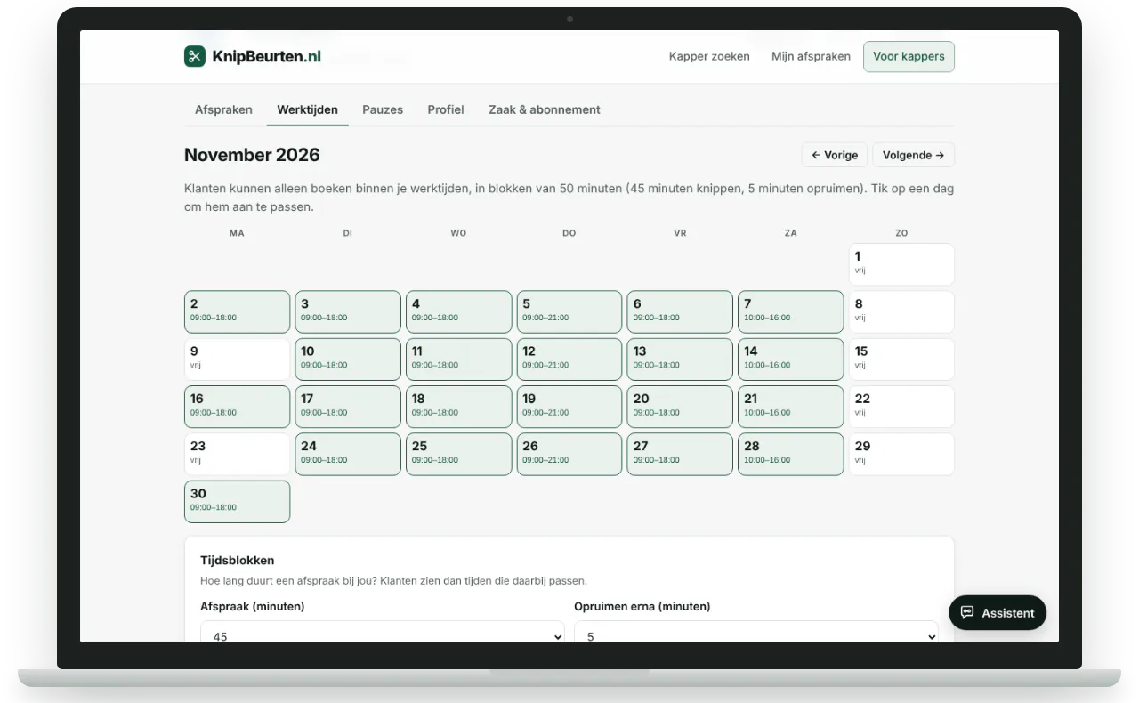 Maandkalender met werktijden per dag en instelbare tijdsblokken